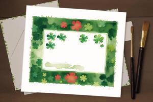 St. Patricks Day postcard. St. Patrick s Day background. Watercolor paint. Copy space. photo