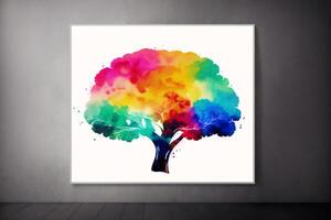 A watercolor painting of a tree with a rainbow on it. A colorful painting of a brain. Watercolor paint. Digital art, photo