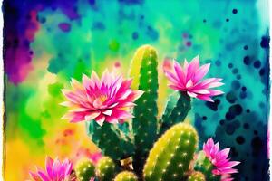 A colorful picture of a variety of cactuses. A colorful cactus painting. Watercolor paint. Digital art, photo