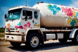 A colorful truck. A colorful painting of a truck with a rainbow. colored trailer. Watercolor paint. Digital art, photo