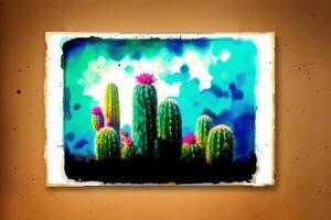 A colorful picture of a variety of cactuses. A colorful cactus painting. Watercolor paint. Digital art, photo