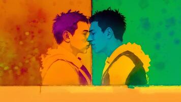 Pride Month. An illustration of two men kissing. Gay couple spending time together. Lgbtq. photo