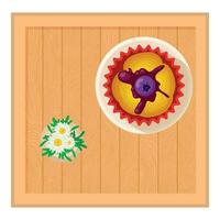 Pudding icon isometric vector. Fresh pudding with blueberry on wood square table vector