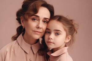 Mother and daughter portrait on pink background. photo