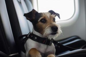 Dog near window on board an airplane Traveling with pets. photo