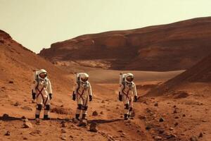 Astronauts wearing space suits walking on red planet. photo