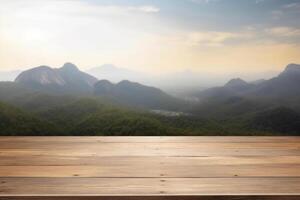 Empty wooden table with blurred mountain landscape background. photo