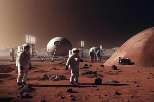 Astronauts wearing space suits walking on red planet. photo