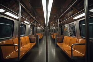 Interior of empty subway train wagon. Public transport. photo