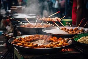 Asian street food. Traditional oriental dishes at street market. photo