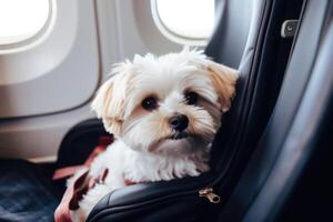 Dog near window on board an airplane Traveling with pets. photo