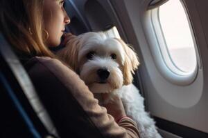 Dog near window on board an airplane Traveling with pets. photo