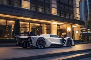 Modern sportcar parking near luxury hotel at night. photo