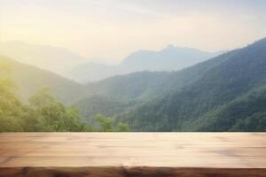 Empty wooden table with blurred mountain landscape background. photo