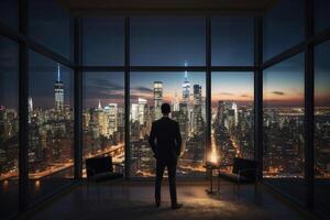 Businessman standing near window with view at night city. photo