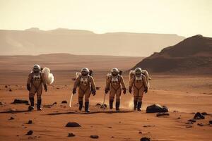 Astronauts wearing space suits walking on red planet. photo