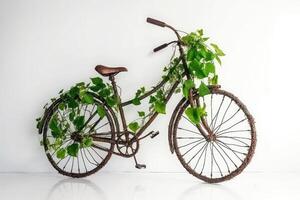 Bicycle made of natural green plants. Eco friendly transportation. photo