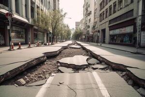 City street with destructed asphalt road after disaster. photo