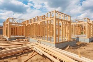 New house construction. Wooden frame with truss, post and beams. photo