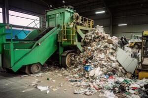 transportador cinturón con pila de residuos a reciclaje planta. generativo ai foto