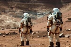 Astronauts wearing space suits walking on red planet. photo