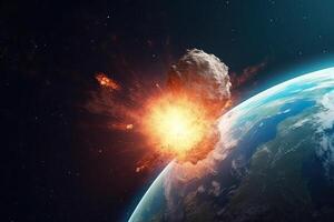 Asteroid falls on planet, view from space. Meteorite burning in atmosphere. photo