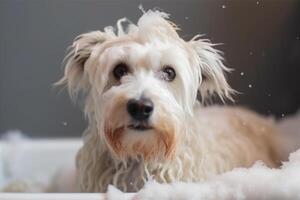 Washing pet. Cute dog in bath with shampoo foam. photo