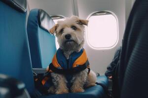 Dog near window on board an airplane Traveling with pets. photo