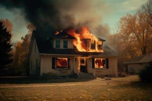 ardiente casa en suburbio. residencial casa en fuego. generativo ai foto