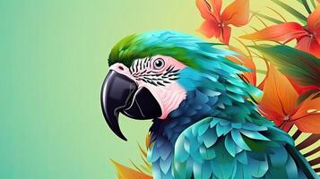 Tropical wallpaper banner with exotic parrot on vivid background. photo