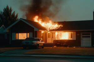 Burning house in suburb. Residential house in fire. photo