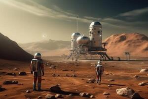 Astronauts wearing space suits walking on red planet. photo