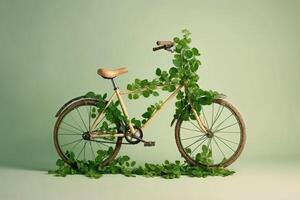 Bicycle made of natural green plants. Eco friendly transportation. photo