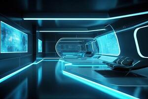 Futuristic room interior with glowing lines. photo