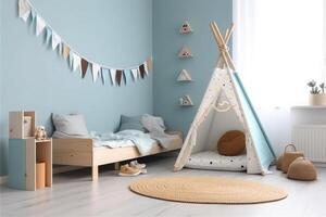 Interior of cozy bedroom for children in scandinavian style. photo