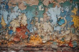 Aged wall with colorful peeling pieces of paint. photo