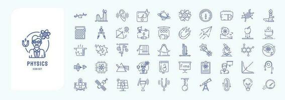 Collection of icons related to Physics and science, including icons like atom, Ammeter, Burner, Gravity and more vector