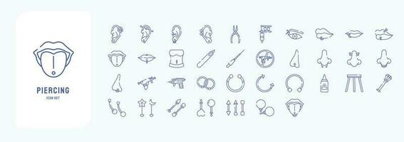 Collection of icons related to Piercing, including icons like Ear piercing, Nose, Ring and more vector