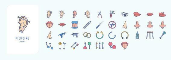 Collection of icons related to Piercing, including icons like Ear piercing, Nose, Ring and more vector