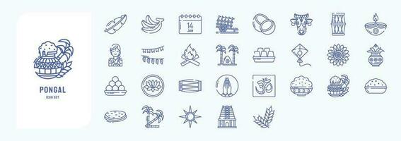 Collection of icons related to Pongal, including icons like Cow, Diya, Kite and more vector