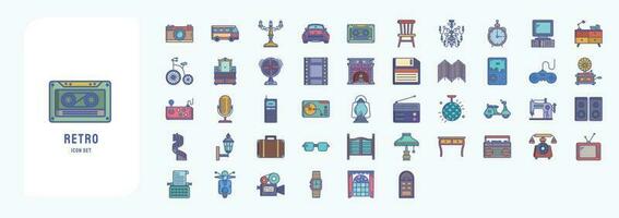 Collection of icons related to Retro style 80c objects, including icons like Camara, Camper van, Car, Clock and more vector