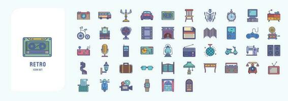 Collection of icons related to Retro style 80c objects, including icons like Camara, Camper van, Car, Clock and more vector