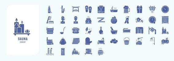 Collection of icons related to Sauna and spa, including icons like Bamboo, Bath Bench, Bathrobe, Bathtub and more vector