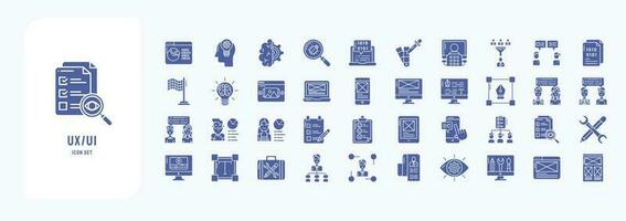colección de íconos relacionado a ux ui, incluso íconos me gusta analítica, lluvia de ideas, codificación, comentario, innovación y más vector
