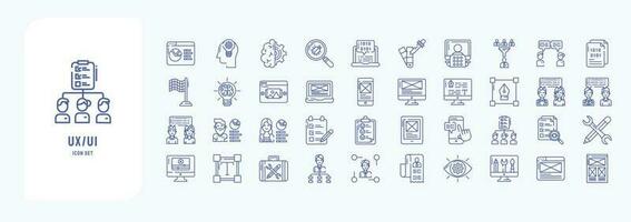 Collection of icons related to UX UI, including icons like Analytics, brainstorming, Coding, Feedback, Innovation and more vector