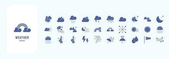 Collection of icons related to weather forecast, including icons like Thunder, Rain, Wind, Temperature and more vector