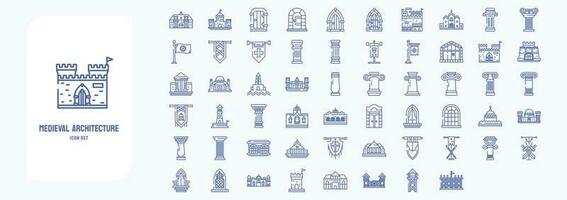 Medieval architecture, including icons like Castle, Corinthian pillar, Fort, Palace and more vector