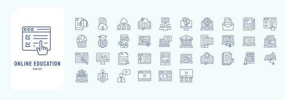 Collection of icons related to Online Education, including icons like Audio Book, Cloud Library, Examination, Graduation and more vector