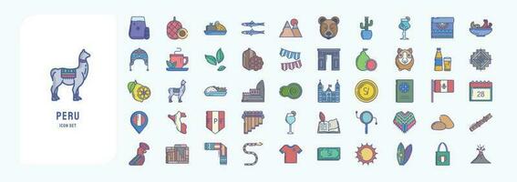 Collection of icons related to Peru, including icons like Anchovy, Bear, Cactus, Cocoa, Guinea Pig and more vector