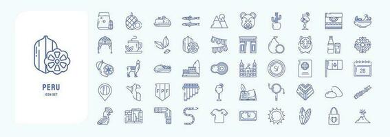 Collection of icons related to Peru, including icons like Anchovy, Bear, Cactus, Cocoa, Guinea Pig and more vector